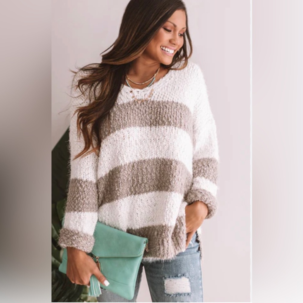 Dreamers Gray and Cream Striped Sweater NWT Size M/L